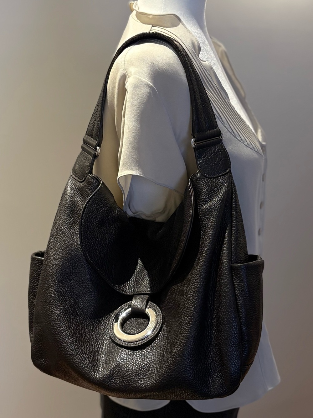 Furla Chocolate Brown Leather Shoulder Bag with Silver Ring Detail